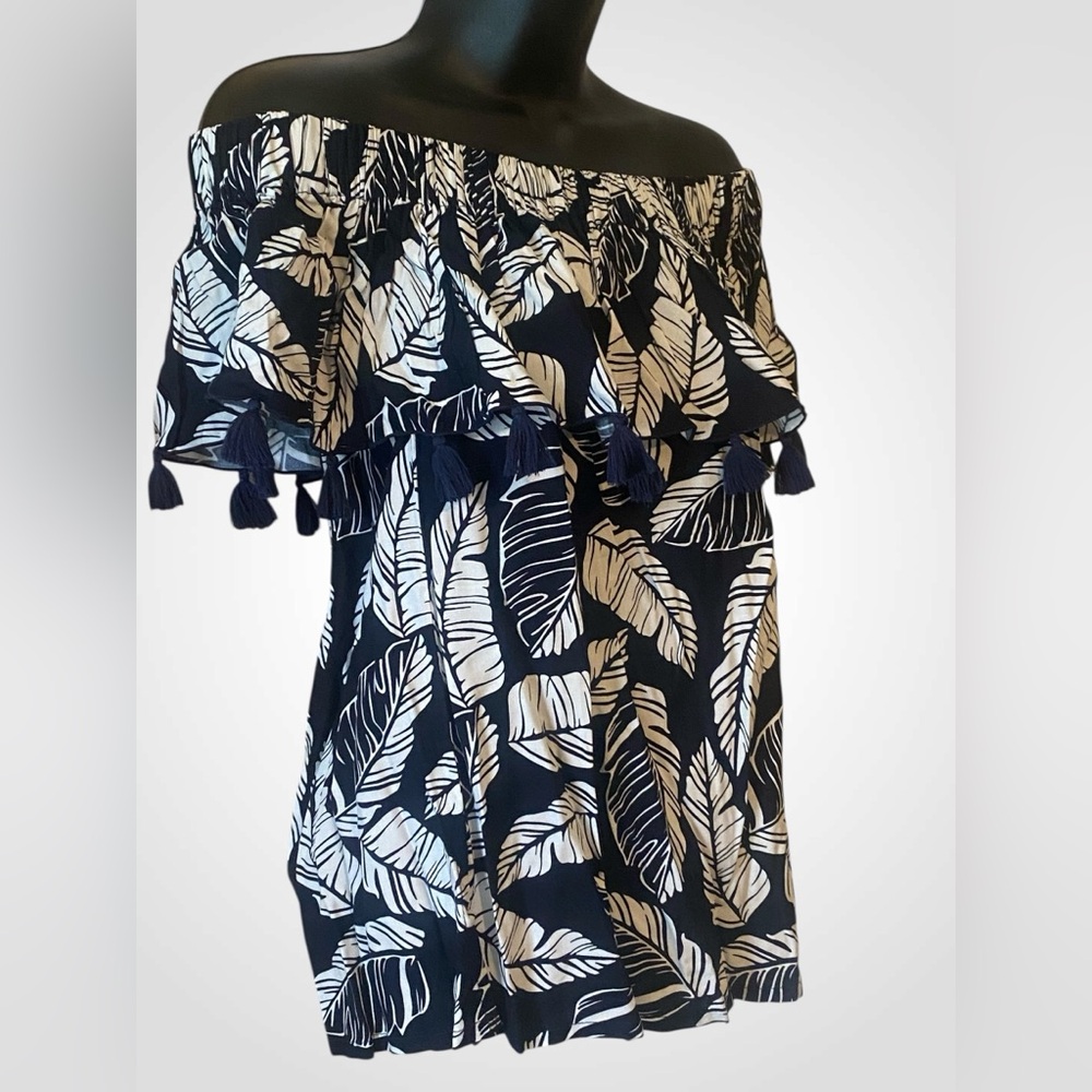 Women’s tropical print top by La Mer Luxe cold shoulder tassel blouse NWT size S - Picture 6 of 10